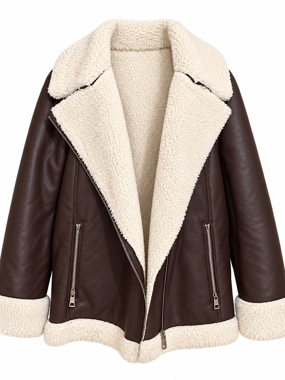 Nina Leonard Brown Faux Leather Aviator Jacket with Cream Shearling